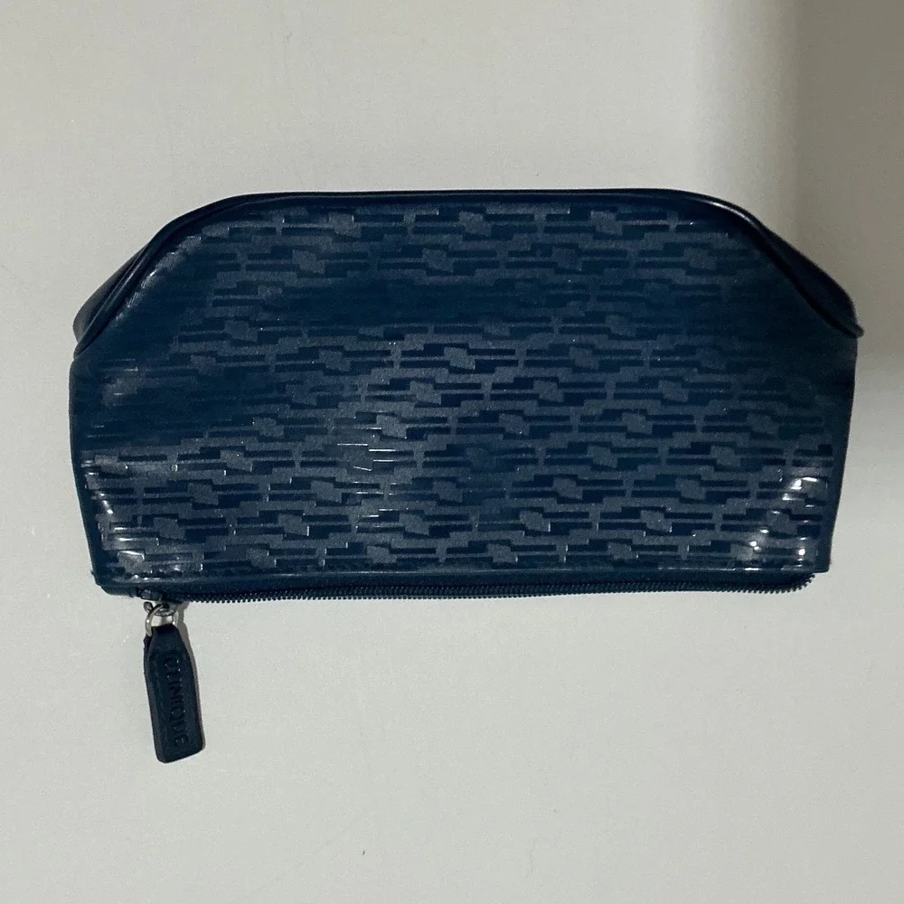 Clinique Navy Blue Geometric Textured Glossy Makeup Cosmetic Travel Bag Pouch